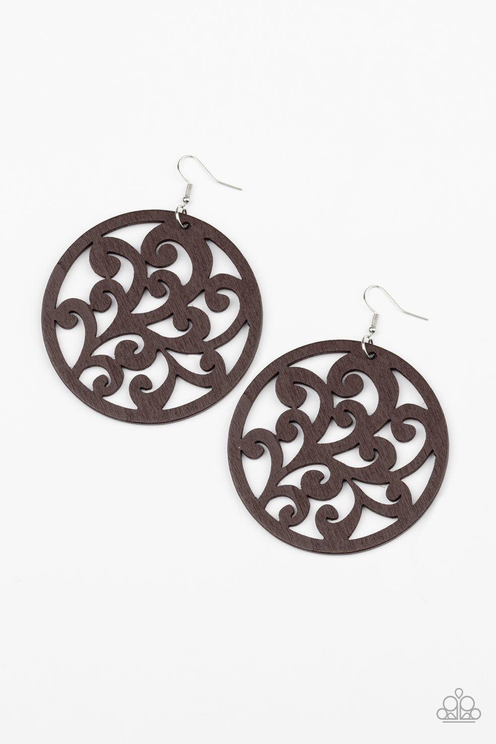 Fresh Off The Vine Brown Wood Filigree Earrings - Paparazzi Accessories-CarasShop.com - $5 Jewelry by Cara Jewels