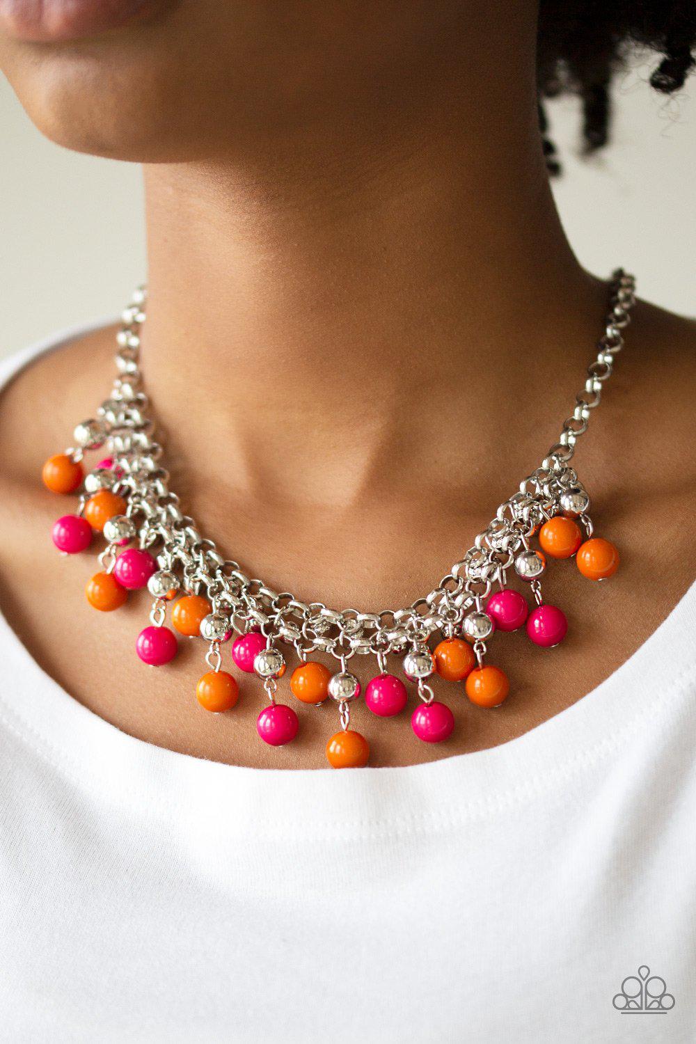Friday Night Fringe Multi - Pink and Orange Necklace - Paparazzi Accessories - model -CarasShop.com - $5 Jewelry by Cara Jewels