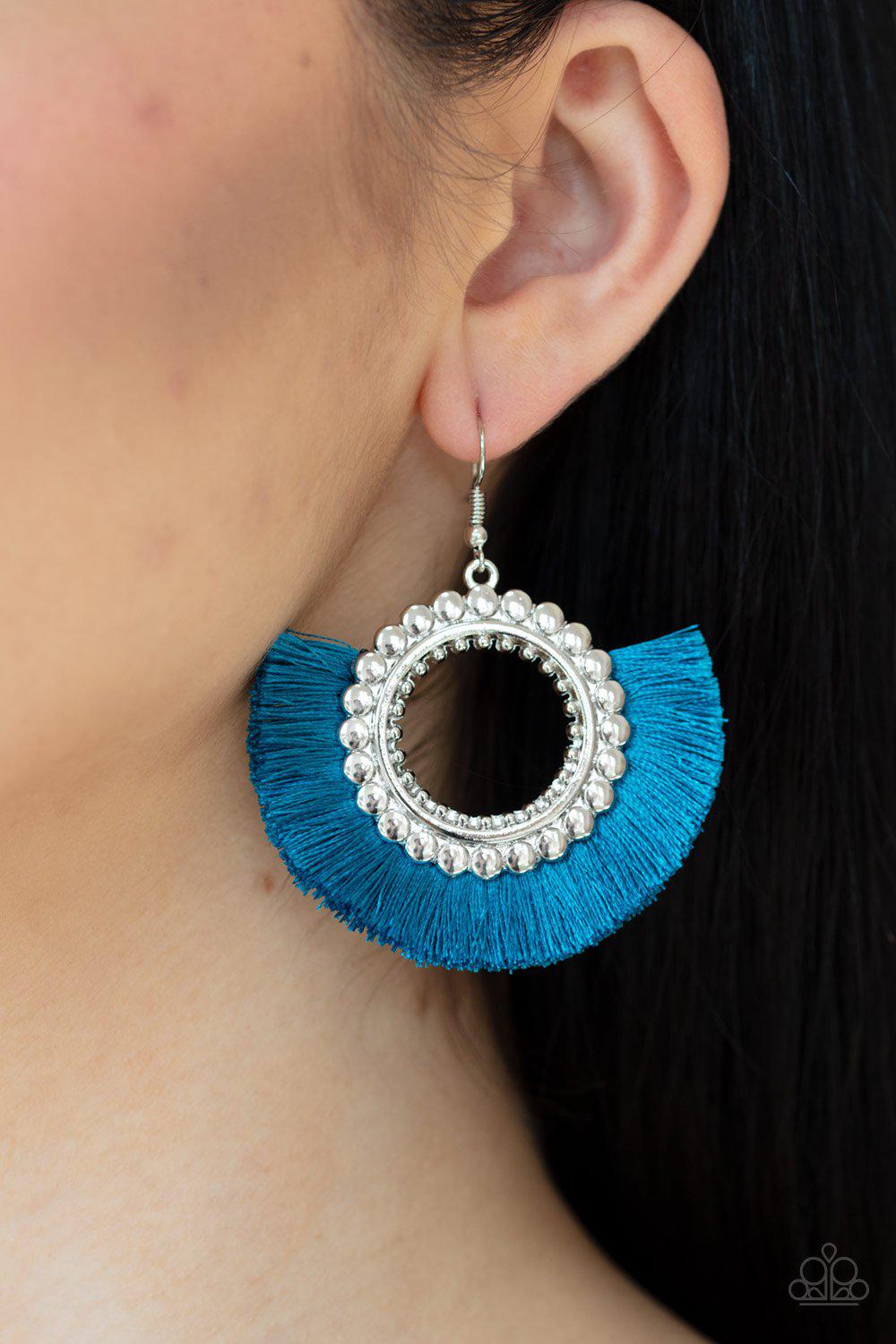 Fringe Fanatic Mosaic Blue Fringe Earrings - Paparazzi Accessories-CarasShop.com - $5 Jewelry by Cara Jewels