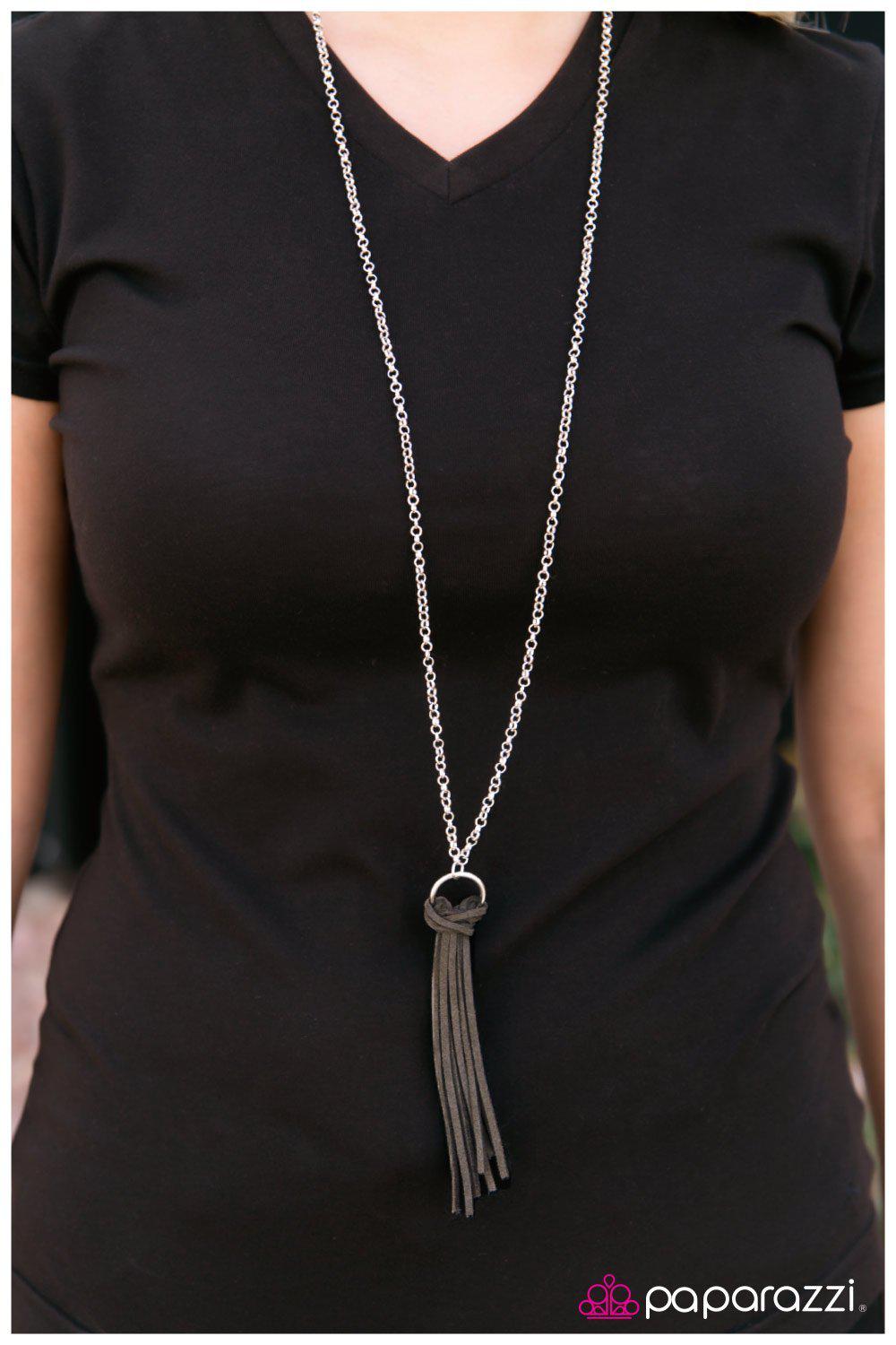 Fringe with Benefits Silver and Gray Suede Necklace - Paparazzi Accessories-CarasShop.com - $5 Jewelry by Cara Jewels