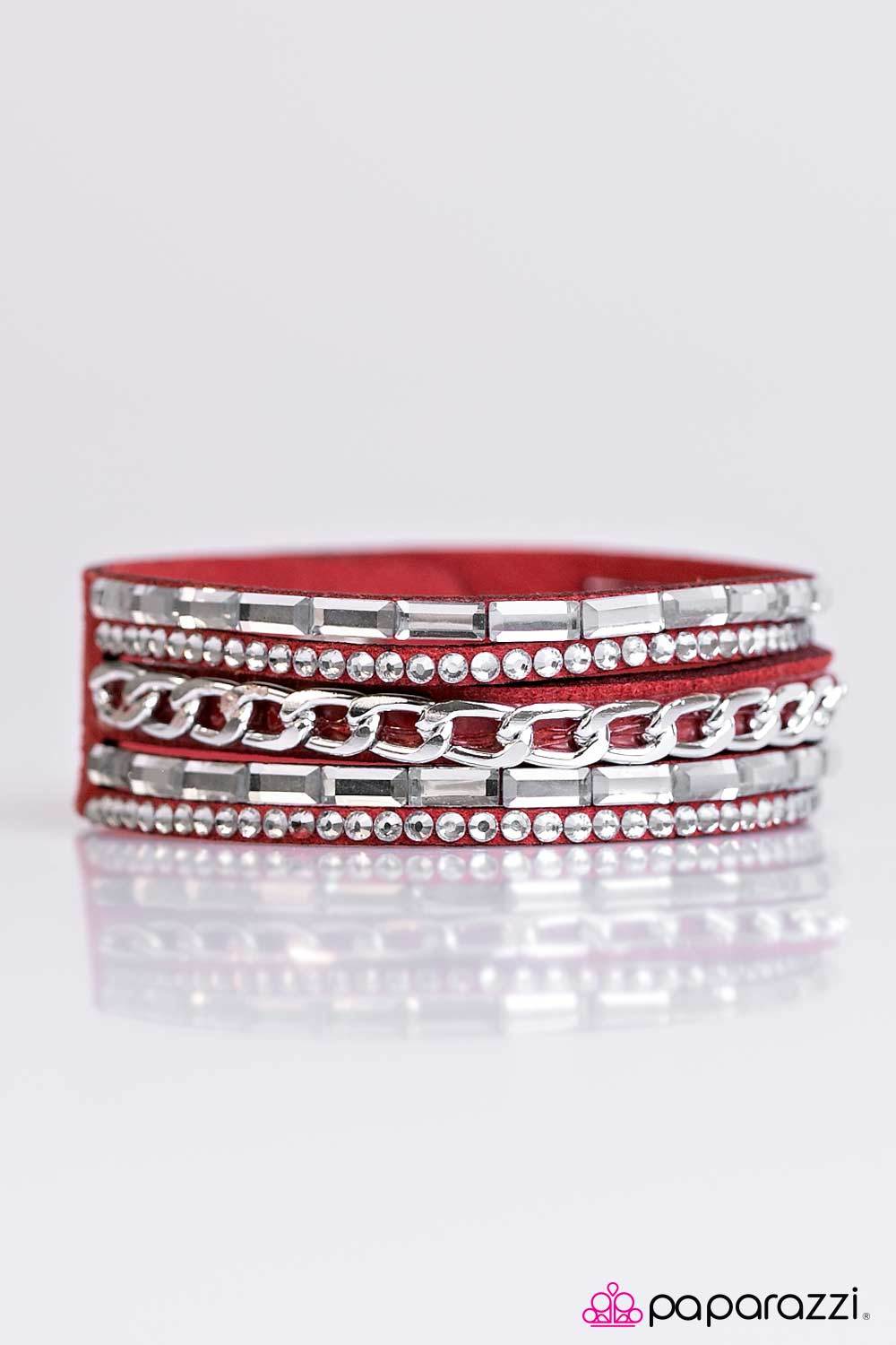 Front Row Fabulous Red and Silver Wrap Snap Bracelet - Paparazzi Accessories-CarasShop.com - $5 Jewelry by Cara Jewels