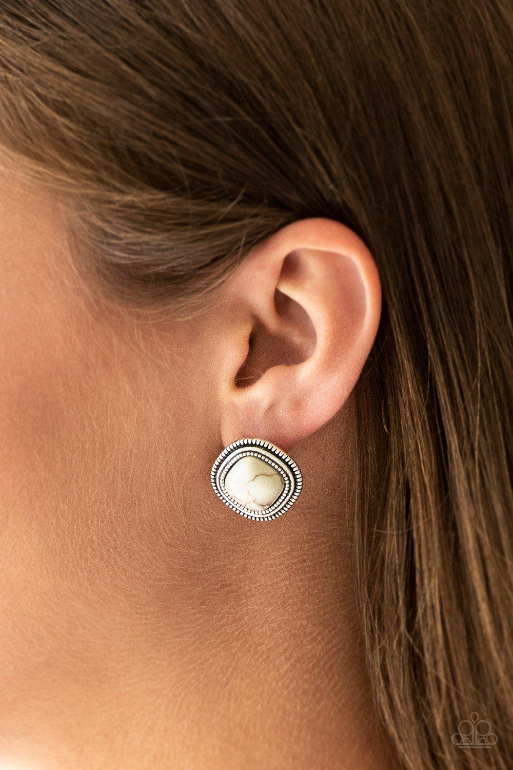 Frontier Runner White Stone Post Earrings - Paparazzi Accessories- model - CarasShop.com - $5 Jewelry by Cara Jewels