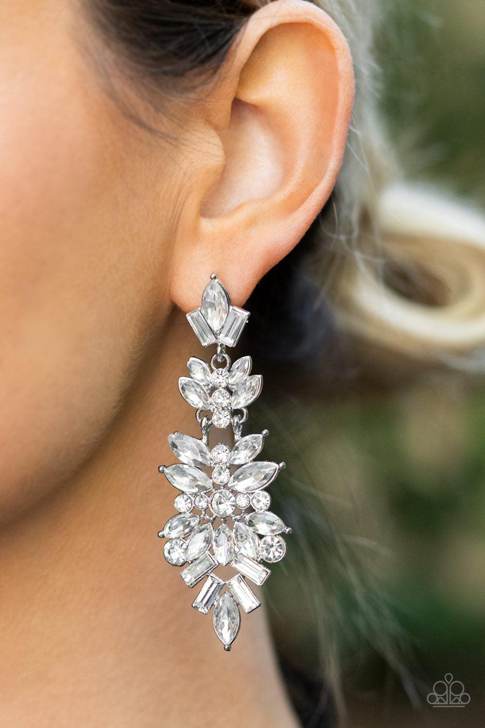 Frozen Fairytale White Rhinestone Earrings - Paparazzi Accessories-on model - CarasShop.com - $5 Jewelry by Cara Jewels