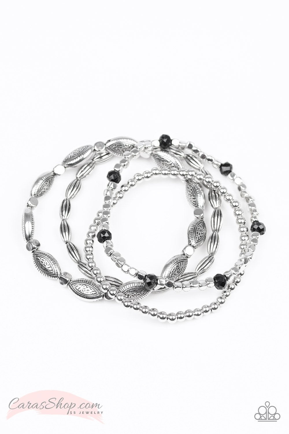 Full of WANDER Silver and Black Stretch Bracelet Set - Paparazzi Accessories-CarasShop.com - $5 Jewelry by Cara Jewels