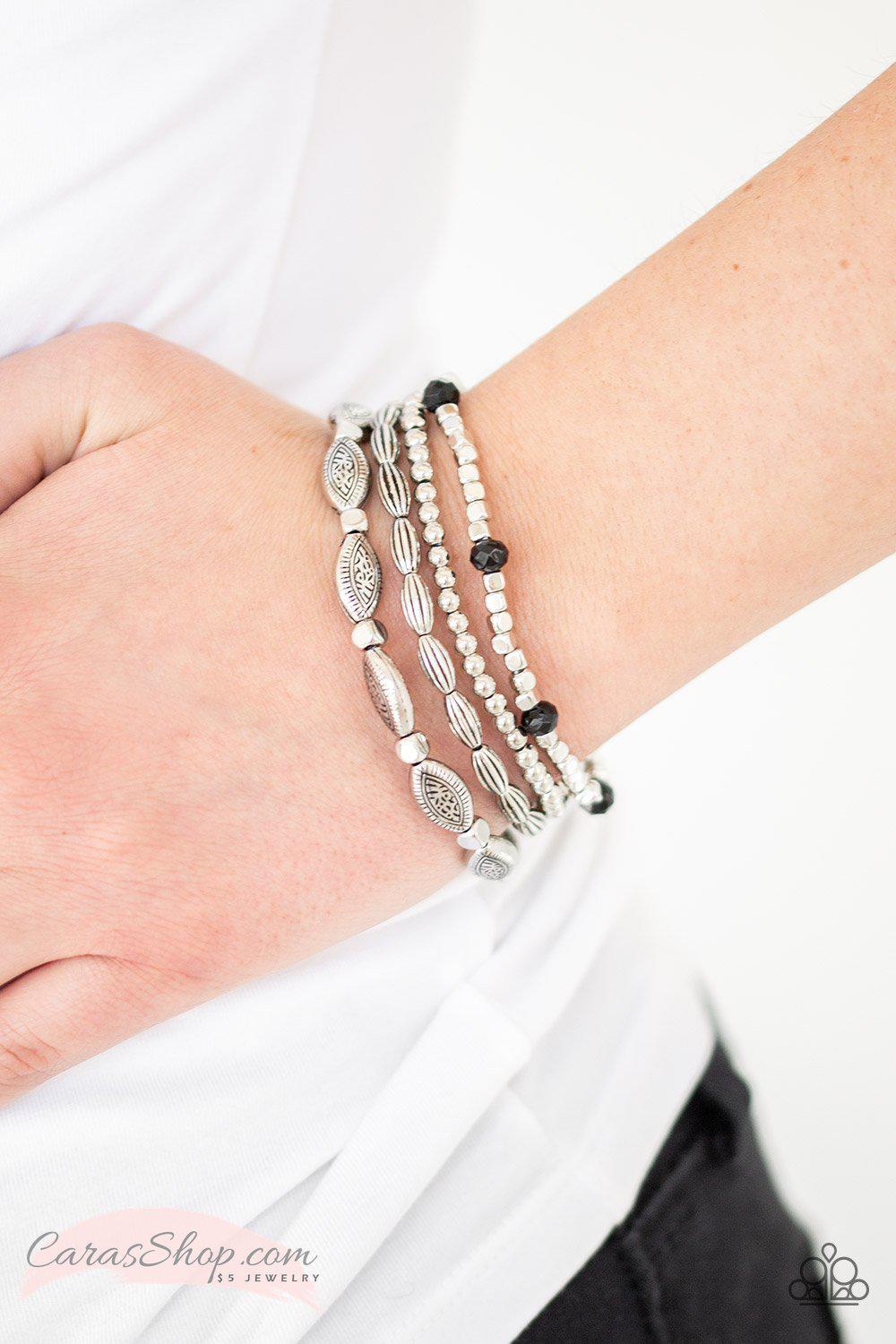 Full of WANDER Silver and Black Stretch Bracelet Set - Paparazzi Accessories-CarasShop.com - $5 Jewelry by Cara Jewels