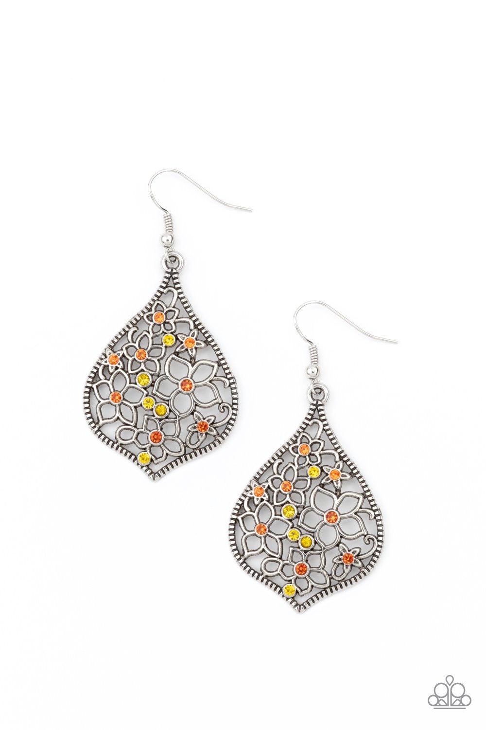 Full Out Florals Multi Yellow and Orange Rhinestone Earrings - Paparazzi Accessories- lightbox - CarasShop.com - $5 Jewelry by Cara Jewels