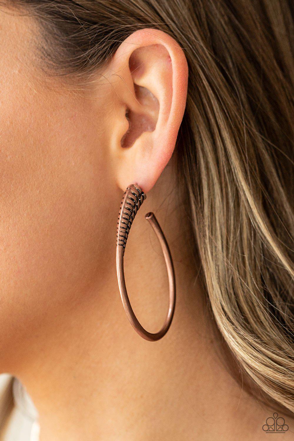 Fully Loaded Copper Hoop Earrings - Paparazzi Accessories- model - CarasShop.com - $5 Jewelry by Cara Jewels