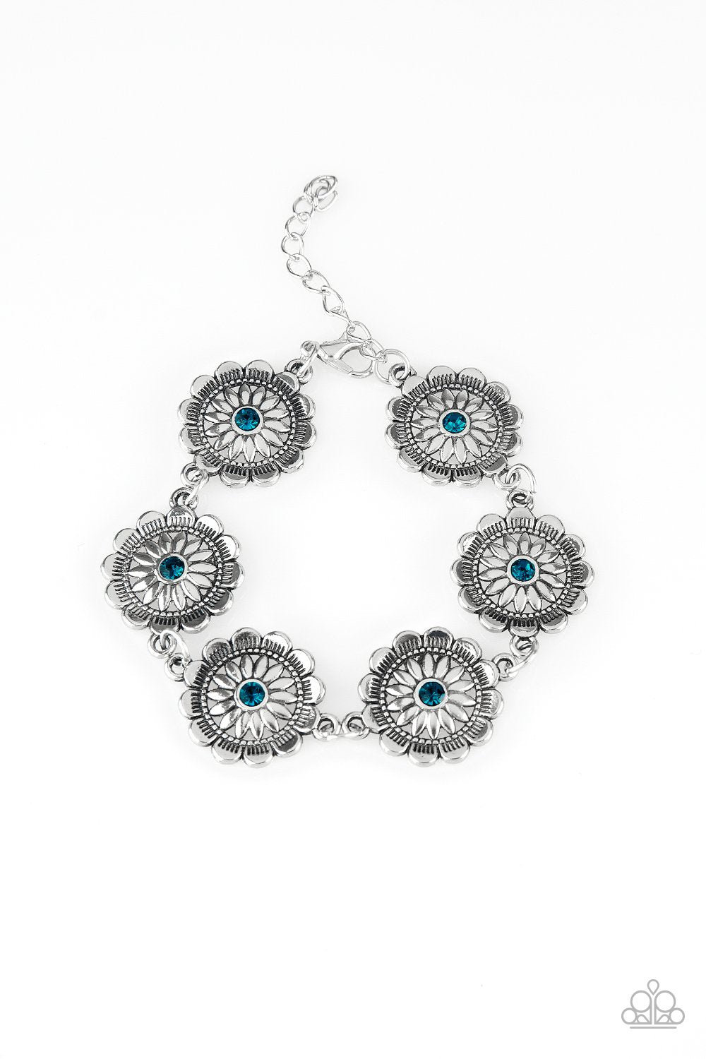 Funky Flower Child Blue and Silver Flower Bracelet - Paparazzi Accessories-CarasShop.com - $5 Jewelry by Cara Jewels