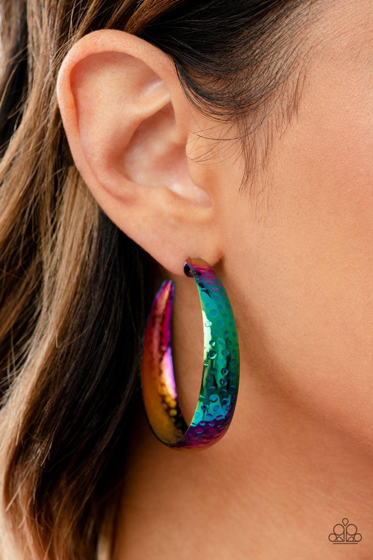 Futuristic Flavor Multi Oil Spill Hoop Earrings - Paparazzi Accessories-on model - CarasShop.com - $5 Jewelry by Cara Jewels