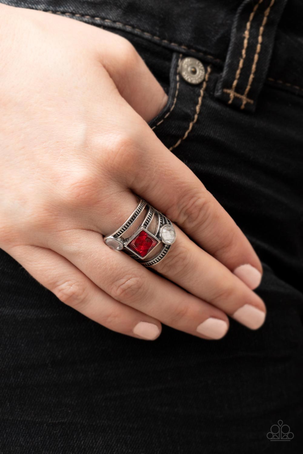 Galactic Governess Red Rhinestone Ring - Paparazzi Accessories-on model - CarasShop.com - $5 Jewelry by Cara Jewels