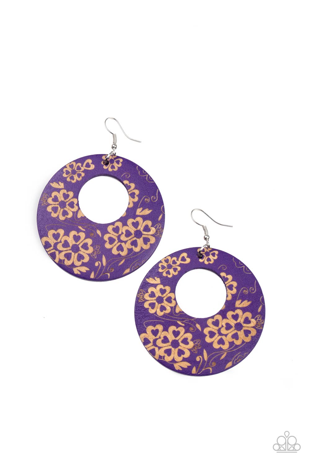 Galapagos Garden Party Purple Floral Wood Earrings - Paparazzi Accessories- lightbox - CarasShop.com - $5 Jewelry by Cara Jewels