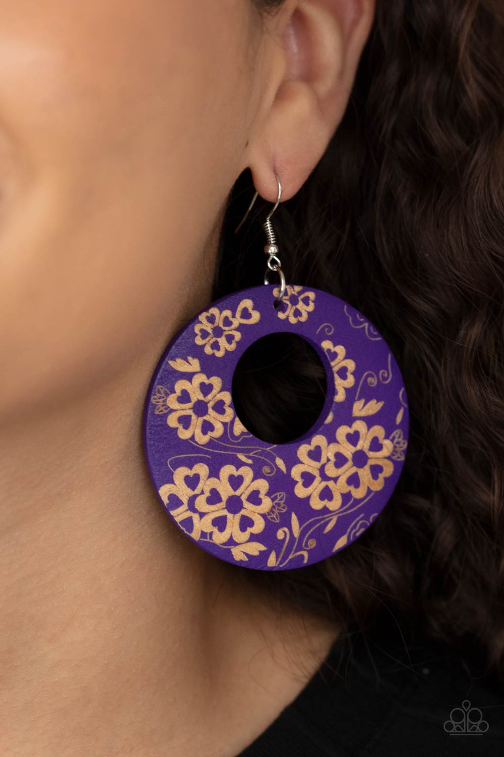 Galapagos Garden Party Purple Floral Wood Earrings - Paparazzi Accessories- model - CarasShop.com - $5 Jewelry by Cara Jewels