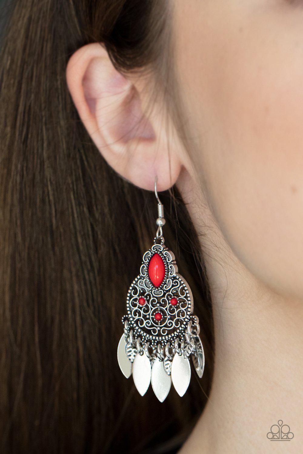 Galapagos Glamping Red Leaf Charm Earrings - Paparazzi Accessories- model - CarasShop.com - $5 Jewelry by Cara Jewels