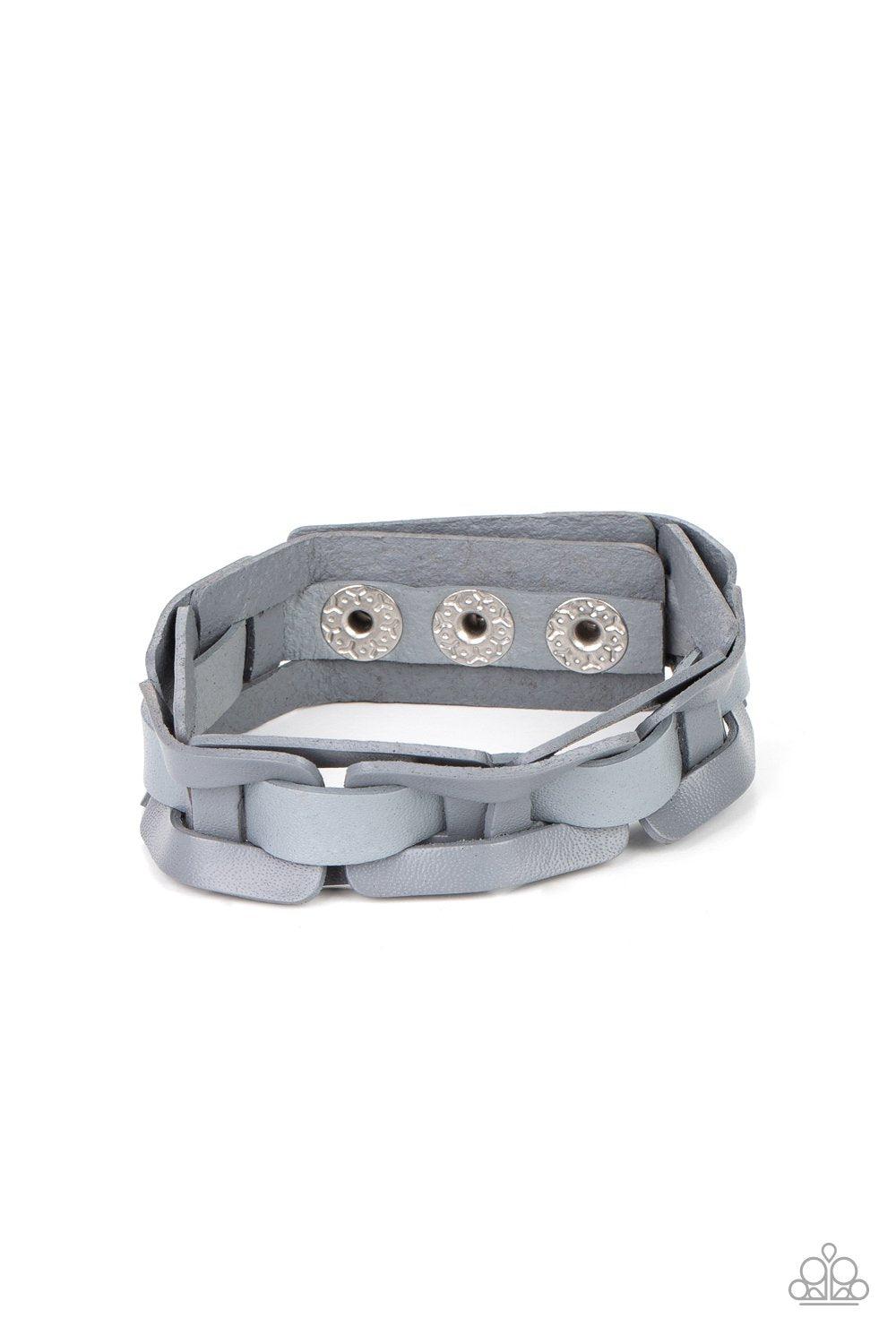 Garage Band Grunge Silver Leather Wrap Snap Bracelet - Paparazzi Accessories- lightbox - CarasShop.com - $5 Jewelry by Cara Jewels