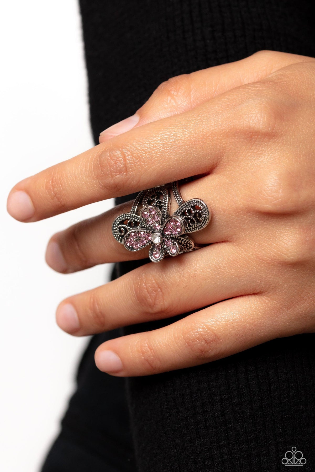 Garden Escapade Pink Flower Ring - Paparazzi Accessories-on model - CarasShop.com - $5 Jewelry by Cara Jewels