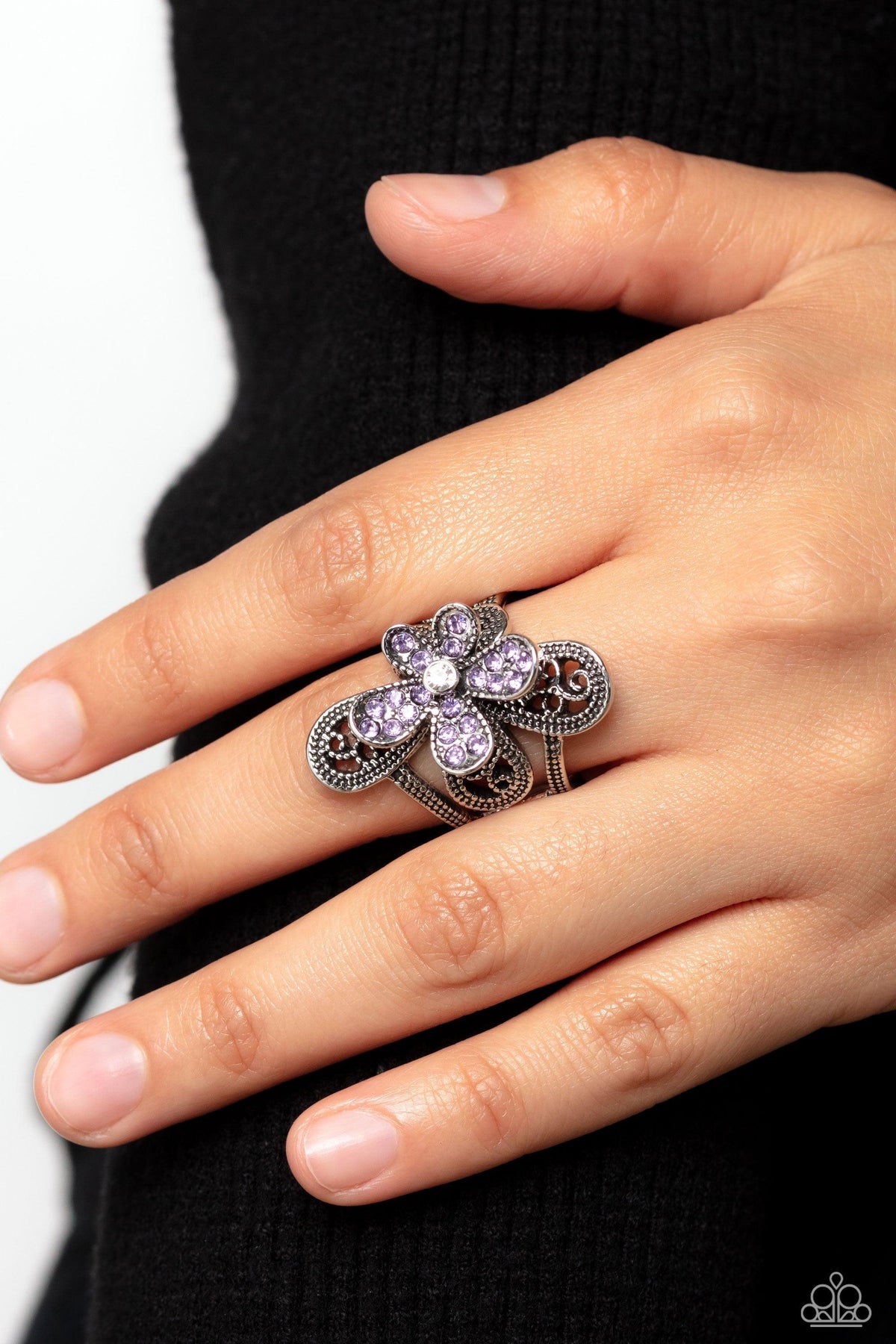 Garden Escapade Purple Flower Ring - Paparazzi Accessories-on model - CarasShop.com - $5 Jewelry by Cara Jewels