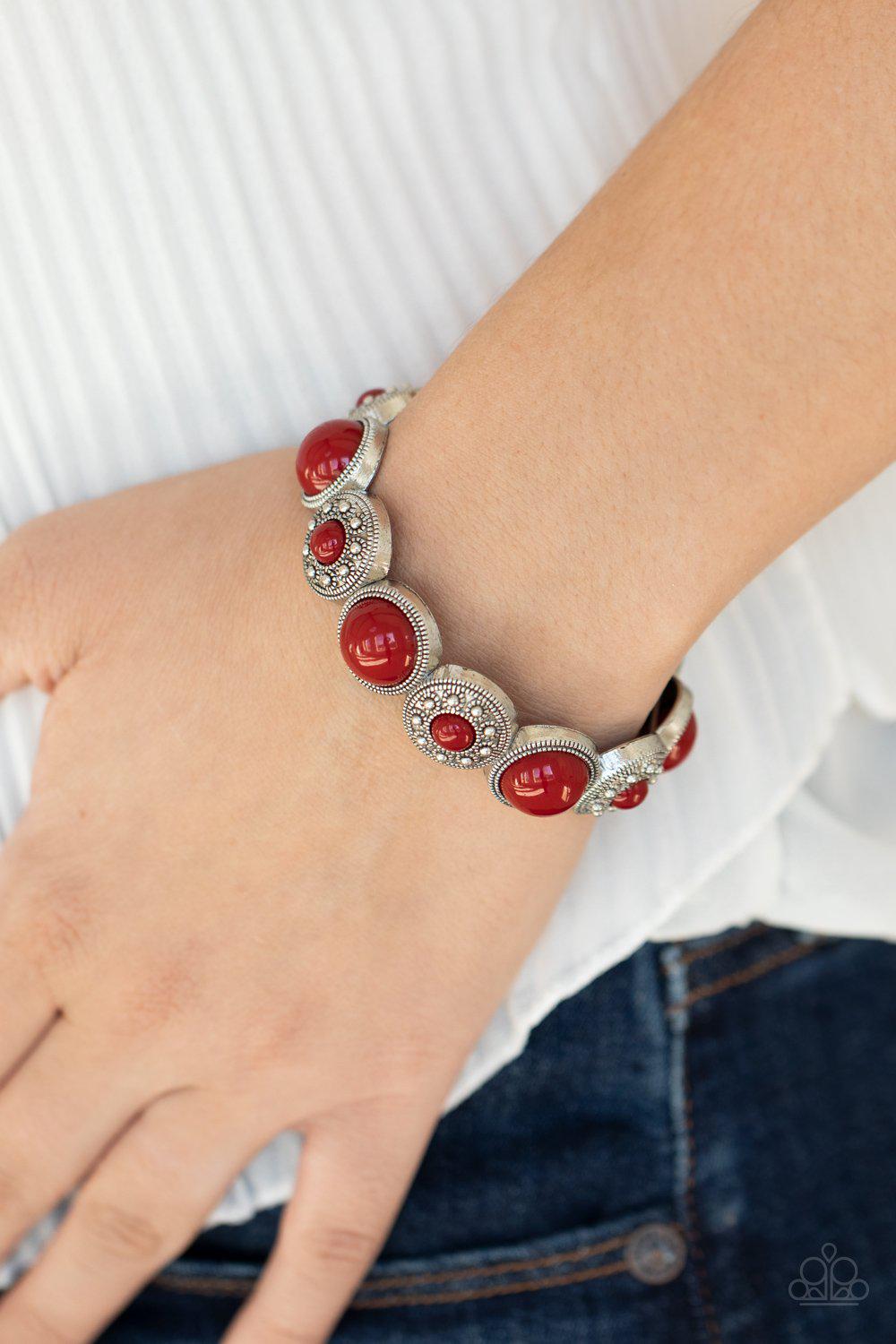 Garden Flair Red and Silver Bracelet - Paparazzi Accessories - model -CarasShop.com - $5 Jewelry by Cara Jewels