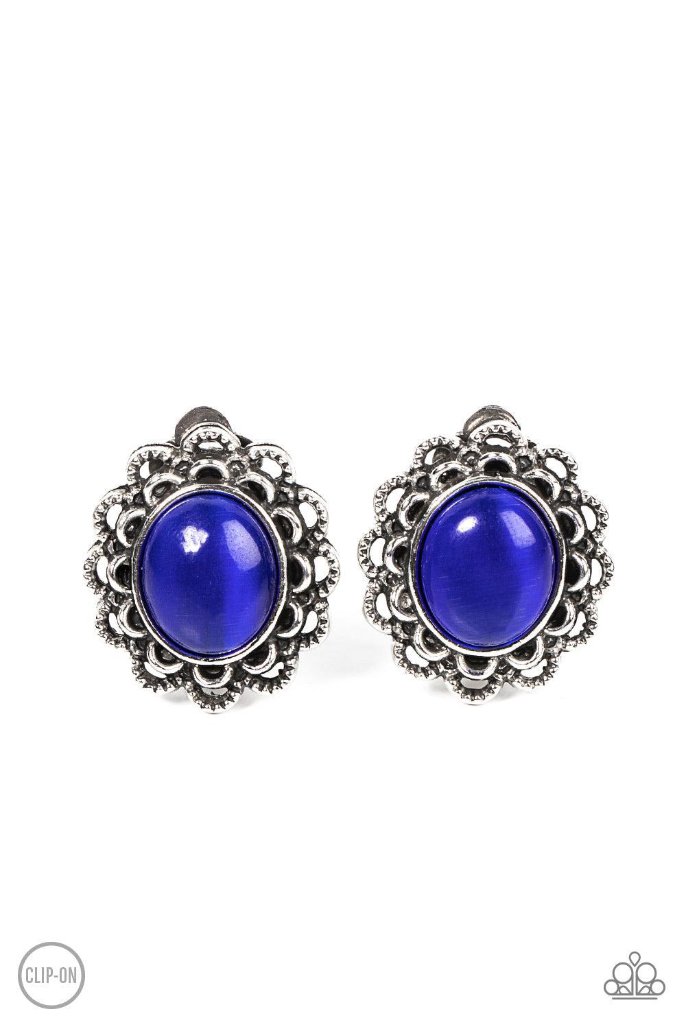 Garden Gazebo Blue Cat&#39;s Eye Stone Clip-on Earrings - Paparazzi Accessories- lightbox - CarasShop.com - $5 Jewelry by Cara Jewels