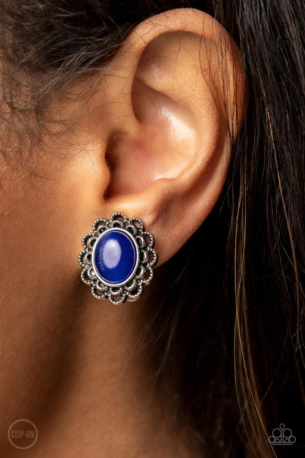 Garden Gazebo Blue Cat's Eye Stone Clip-on Earrings - Paparazzi Accessories- lightbox - CarasShop.com - $5 Jewelry by Cara Jewels