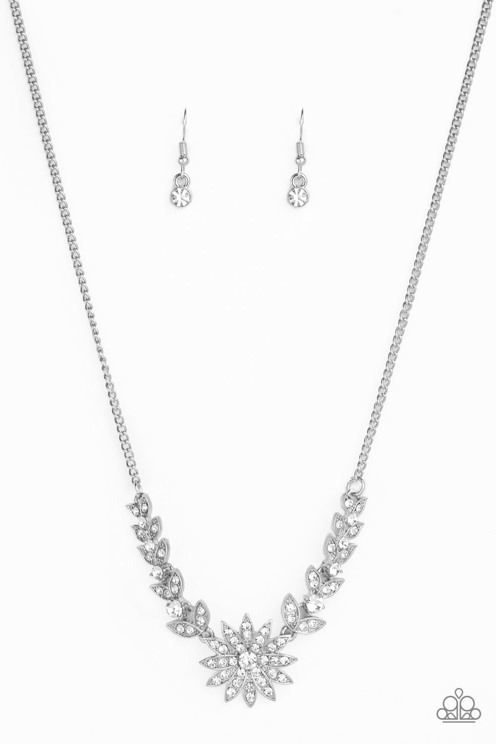Garden Glamour White Rhinestone Flower Necklace - Paparazzi Accessories-CarasShop.com - $5 Jewelry by Cara Jewels