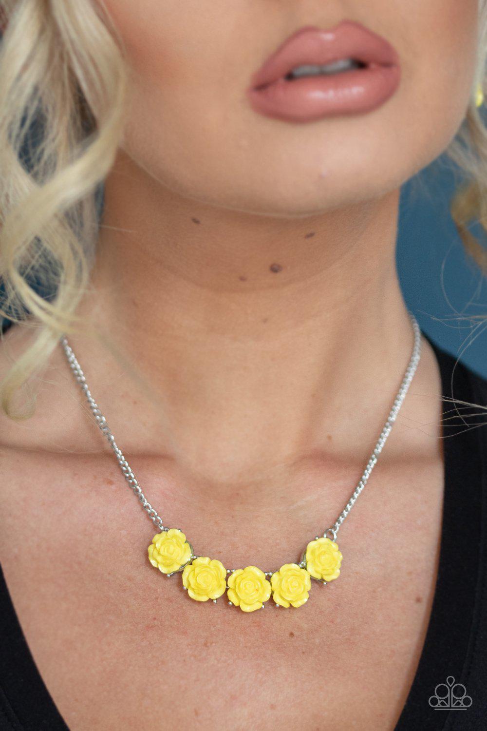 Garden Party Posh Yellow Rose Flower Necklace - Paparazzi Accessories - model -CarasShop.com - $5 Jewelry by Cara Jewels