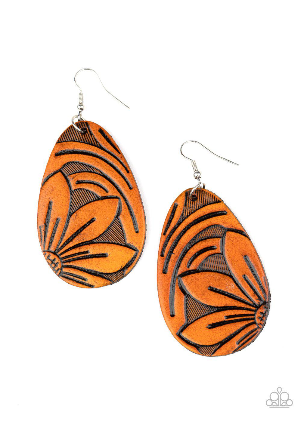 Garden Therapy Brown Leather Floral Teardrop Earrings - Paparazzi Accessories-CarasShop.com - $5 Jewelry by Cara Jewels