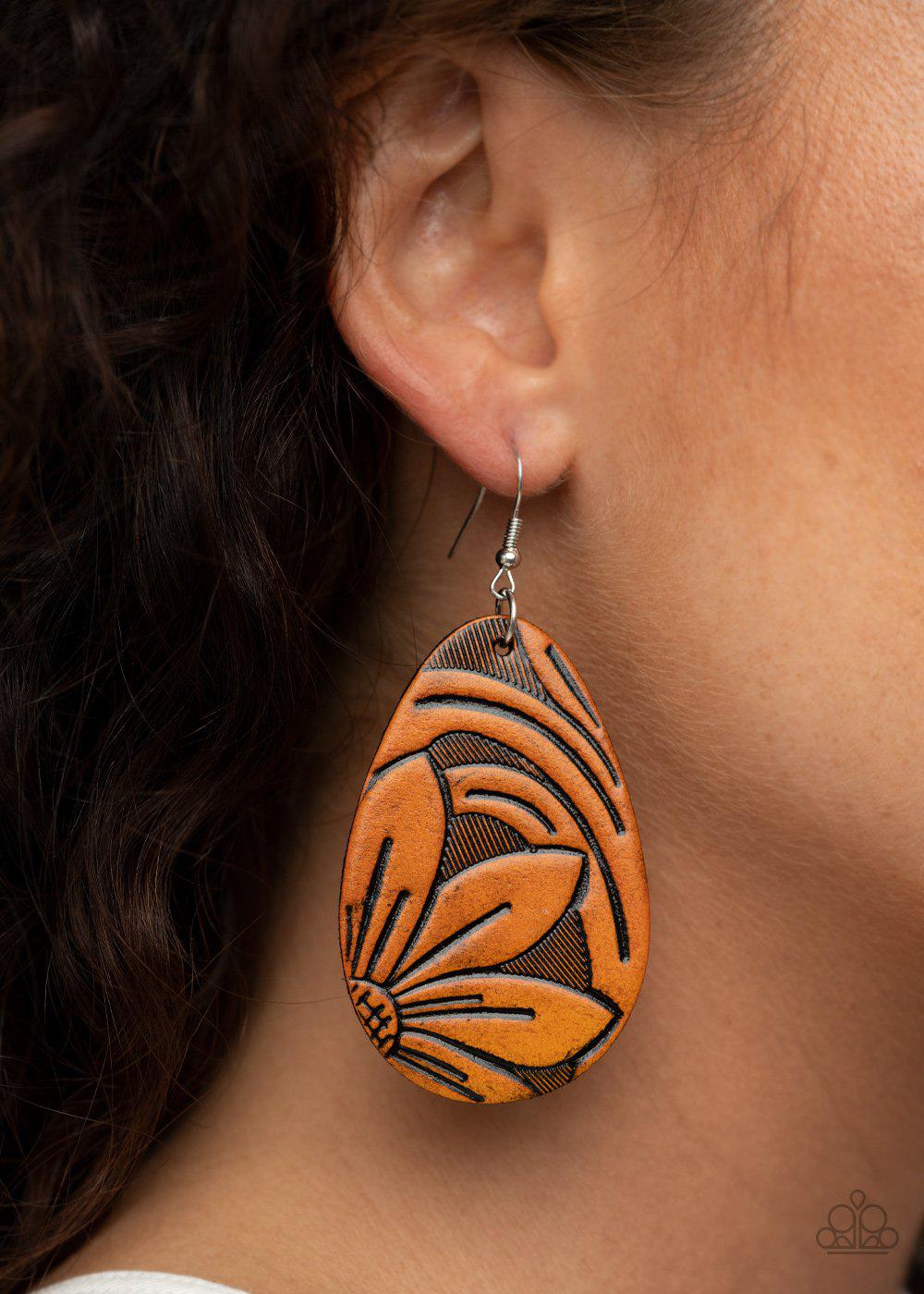 Garden Therapy Brown Leather Floral Teardrop Earrings - Paparazzi Accessories-CarasShop.com - $5 Jewelry by Cara Jewels