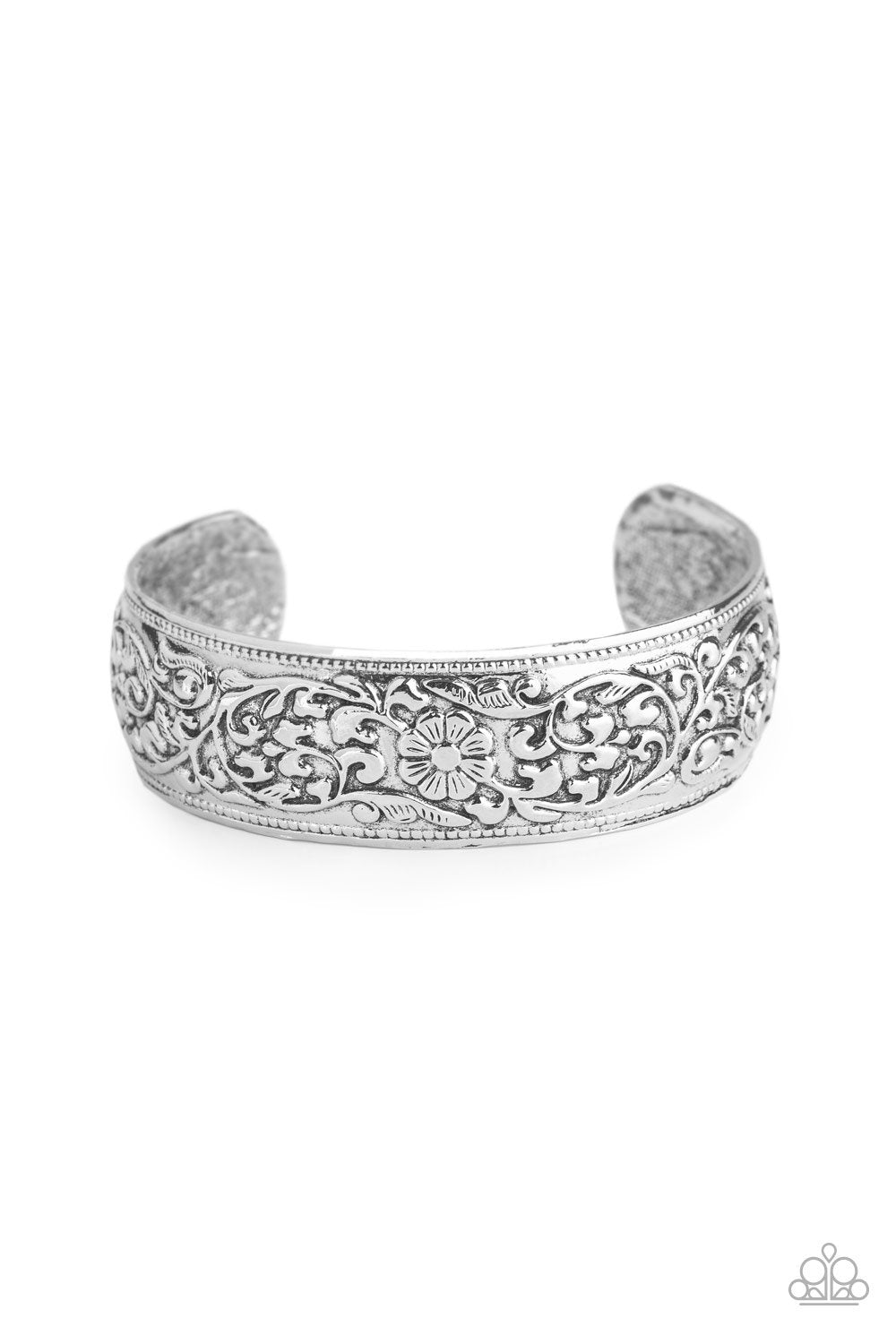 Garden Tropic Silver Floral Cuff Bracelet - Paparazzi Accessories - lightbox -CarasShop.com - $5 Jewelry by Cara Jewels