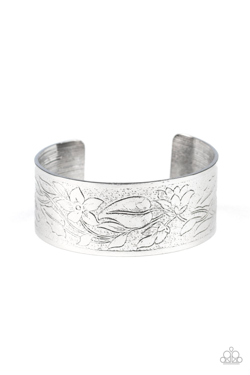Garden Variety Silver Floral Cuff Bracelet- Paparazzi Accessories-CarasShop.com - $5 Jewelry by Cara Jewels