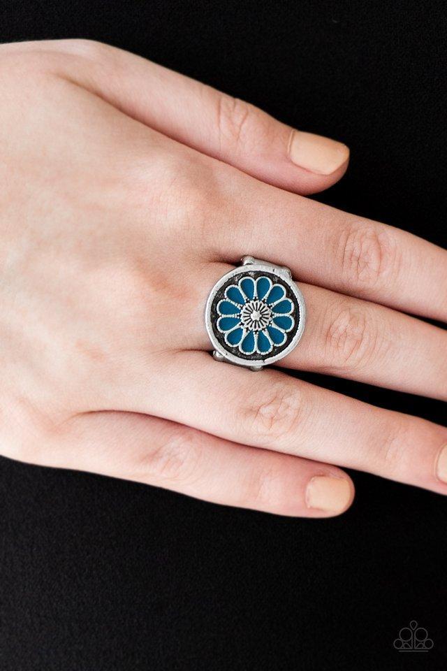 Garden View Blue Flower Ring - Paparazzi Accessories- lightbox - CarasShop.com - $5 Jewelry by Cara Jewels