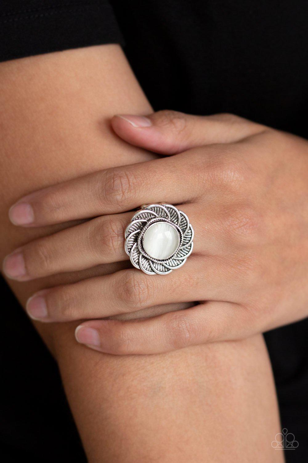 Gardenia Glow White Moonstone Flower Ring - Paparazzi Accessories-CarasShop.com - $5 Jewelry by Cara Jewels