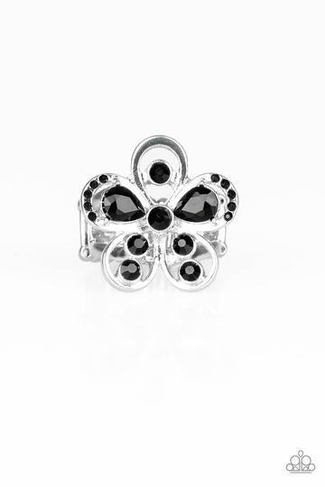 Gardens of Grandeur Black Rhinestone and Silver Flower Ring - Paparazzi Accessories - lightbox -CarasShop.com - $5 Jewelry by Cara Jewels