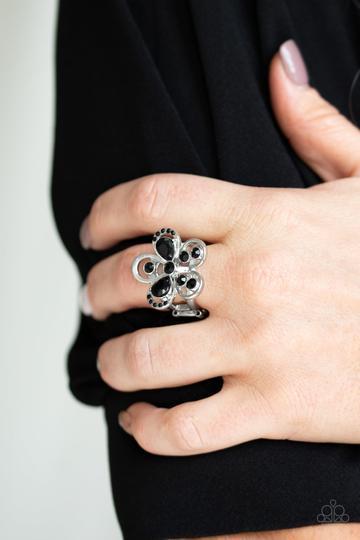 Gardens of Grandeur Black Rhinestone and Silver Flower Ring - Paparazzi Accessories - model -CarasShop.com - $5 Jewelry by Cara Jewels