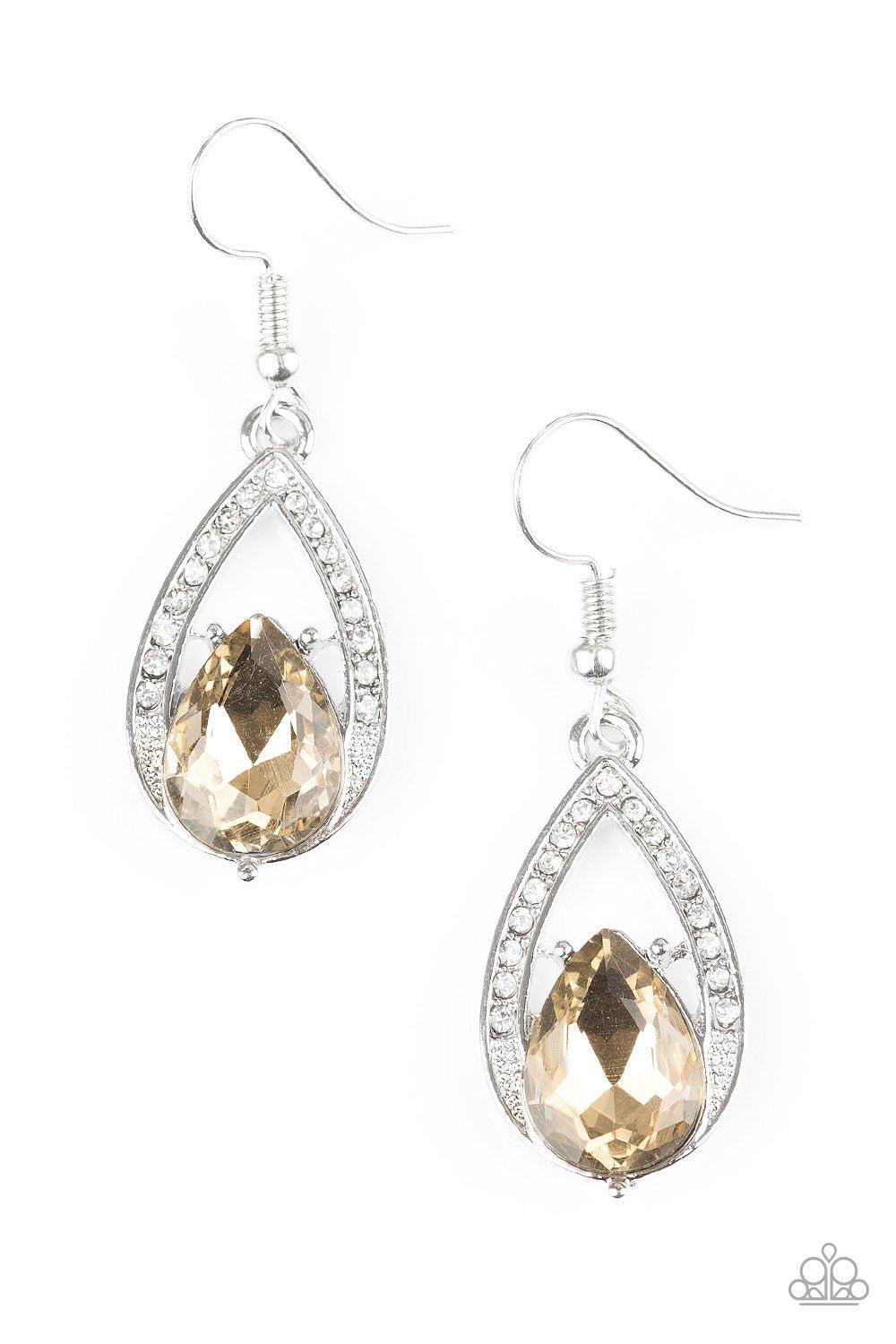 Gatsby Grandeur Brown Gem Teardrop Earrings - Paparazzi Accessories-CarasShop.com - $5 Jewelry by Cara Jewels