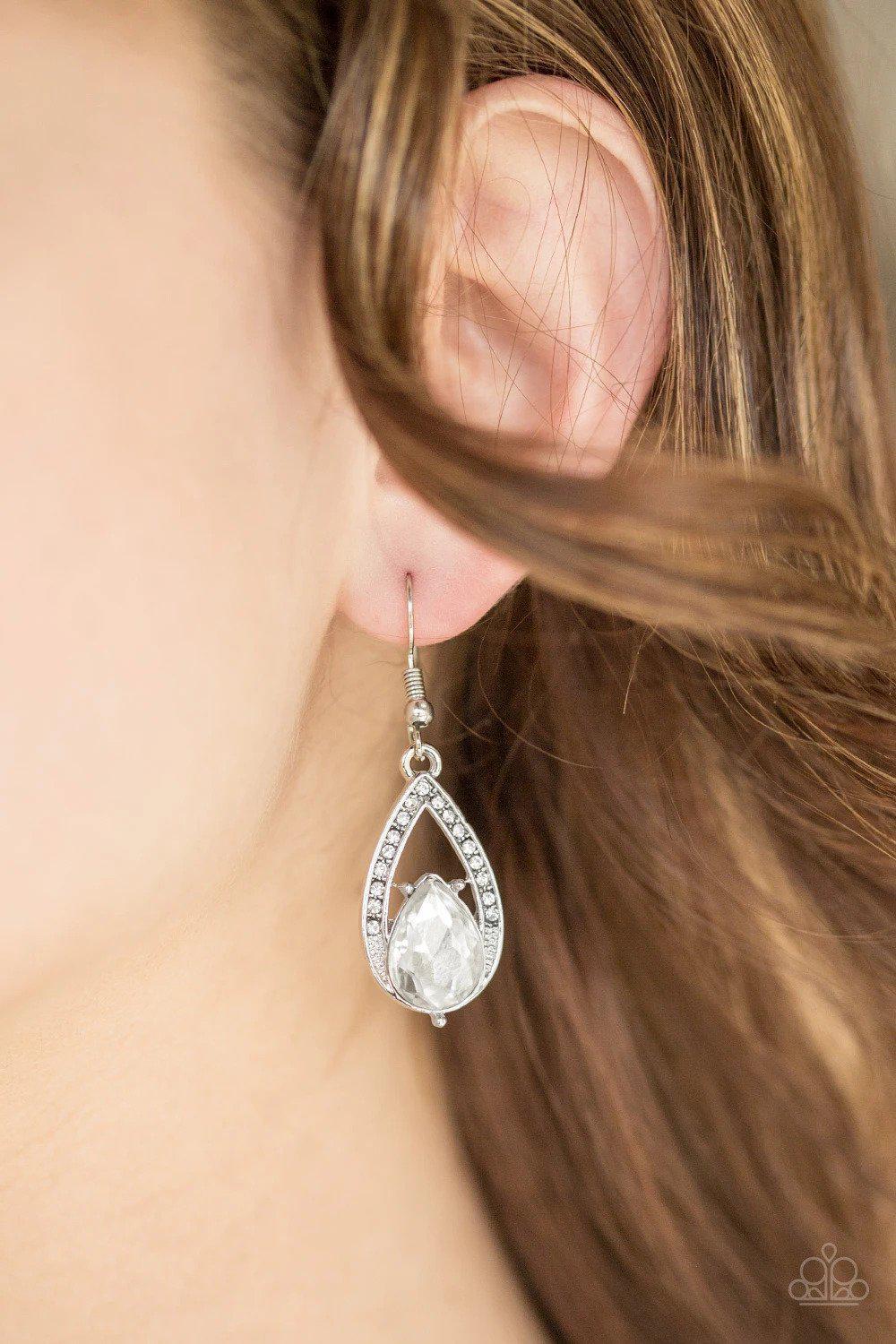 Gatsby Grandeur White Gem Teardrop Earrings - Paparazzi Accessories-CarasShop.com - $5 Jewelry by Cara Jewels