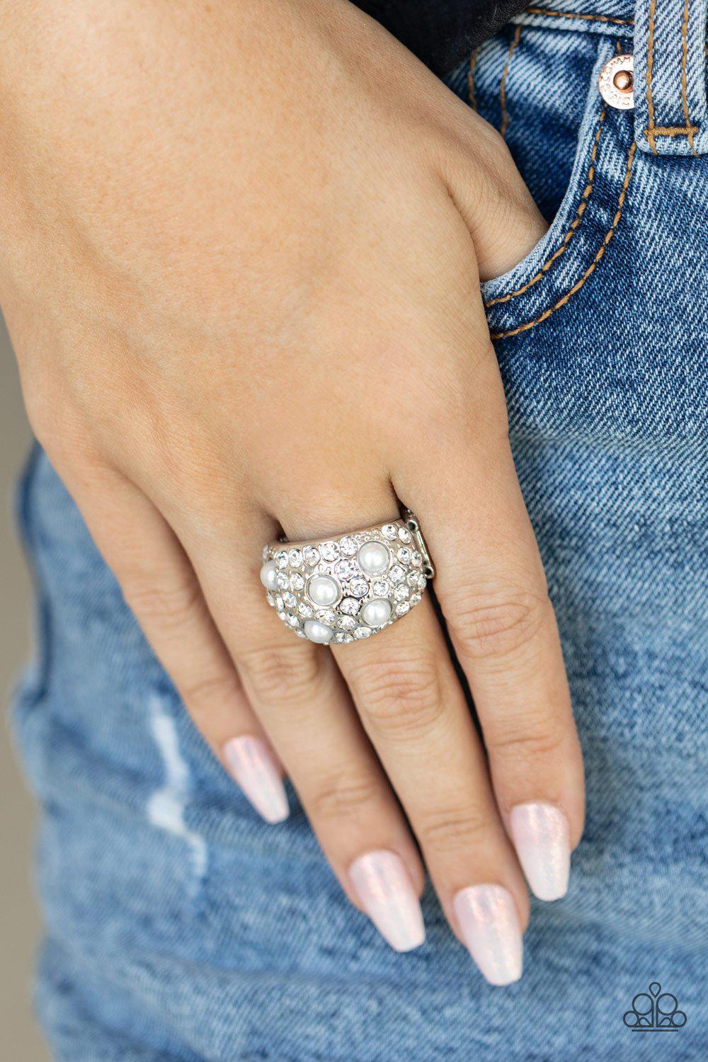 Gatsbys Girl White Pearl and Rhinestone Ring - Paparazzi Accessories 2021 Convention Exclusive- lightbox - CarasShop.com - $5 Jewelry by Cara Jewels