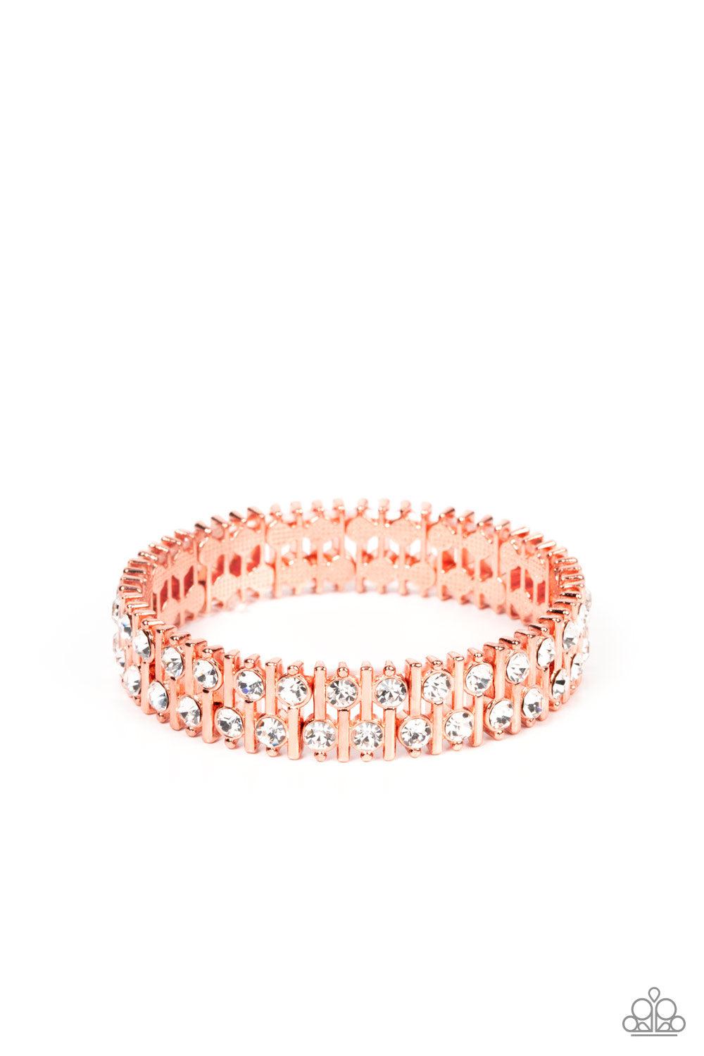 Generational Glimmer Copper & White Rhinestone Bracelet - Paparazzi Accessories- lightbox - CarasShop.com - $5 Jewelry by Cara Jewels