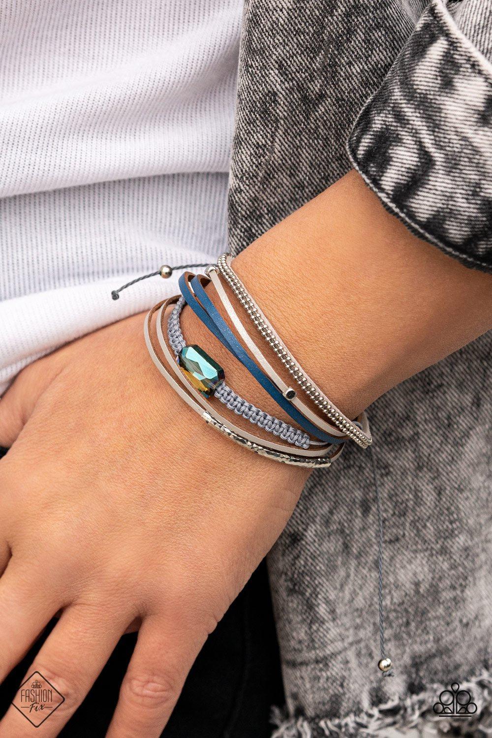 Geo Trip Multi Iridescent Gem and Blue Leather Urban Knot Bracelet - Paparazzi Accessories - model -CarasShop.com - $5 Jewelry by Cara Jewels