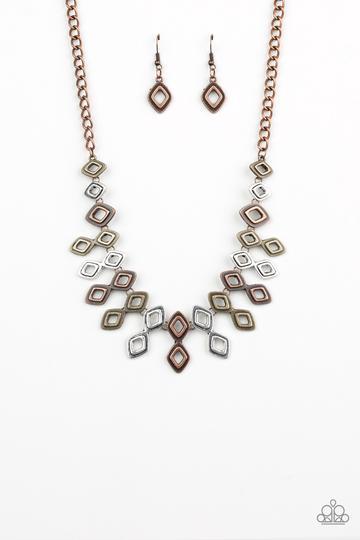 Geocentric Multi Copper, Brass and Silver Necklace - Paparazzi Accessories - lightbox -CarasShop.com - $5 Jewelry by Cara Jewels