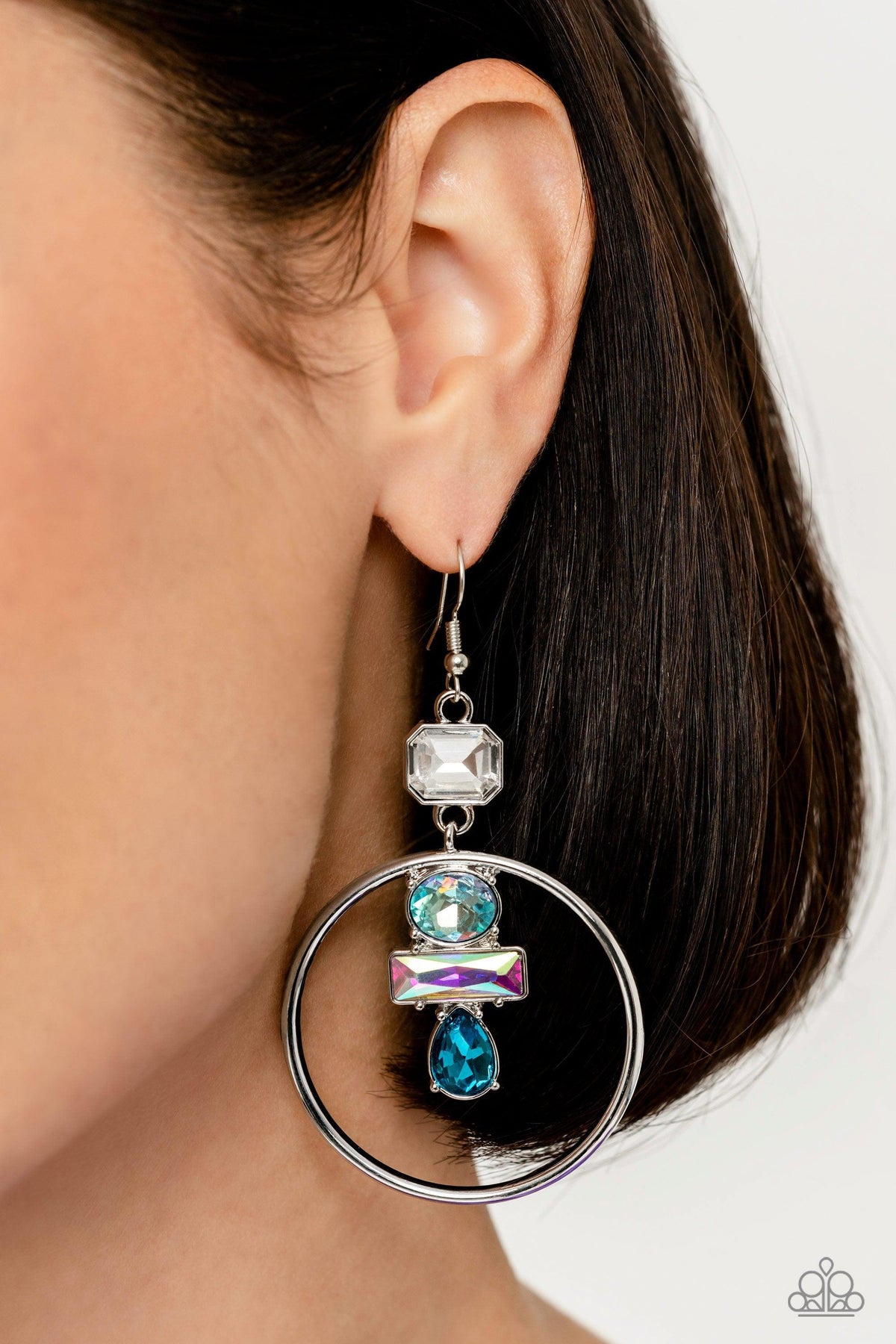 Geometric Glam Blue Iridescent Rhinestone Earrings - Paparazzi Accessories-on model - CarasShop.com - $5 Jewelry by Cara Jewels
