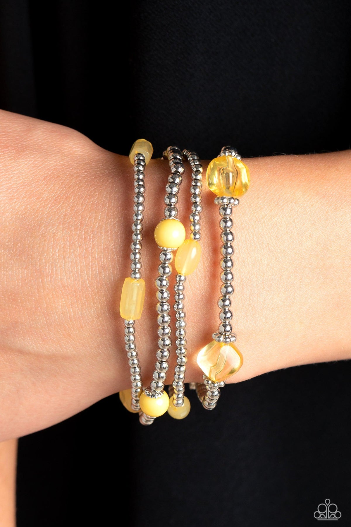 Geometric Guru Yellow Bracelet-on model - CarasShop.com - $5 Jewelry by Cara Jewels