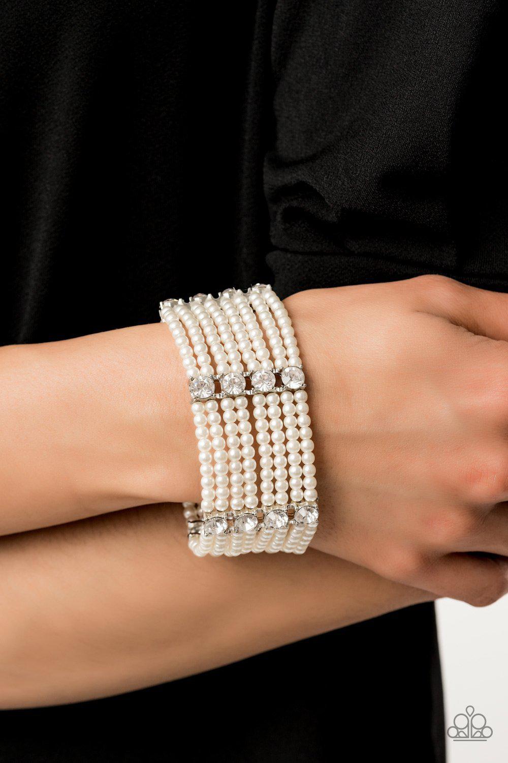 Get In Line White Pearl and Rhinestone Bracelet - Paparazzi Accessories-CarasShop.com - $5 Jewelry by Cara Jewels