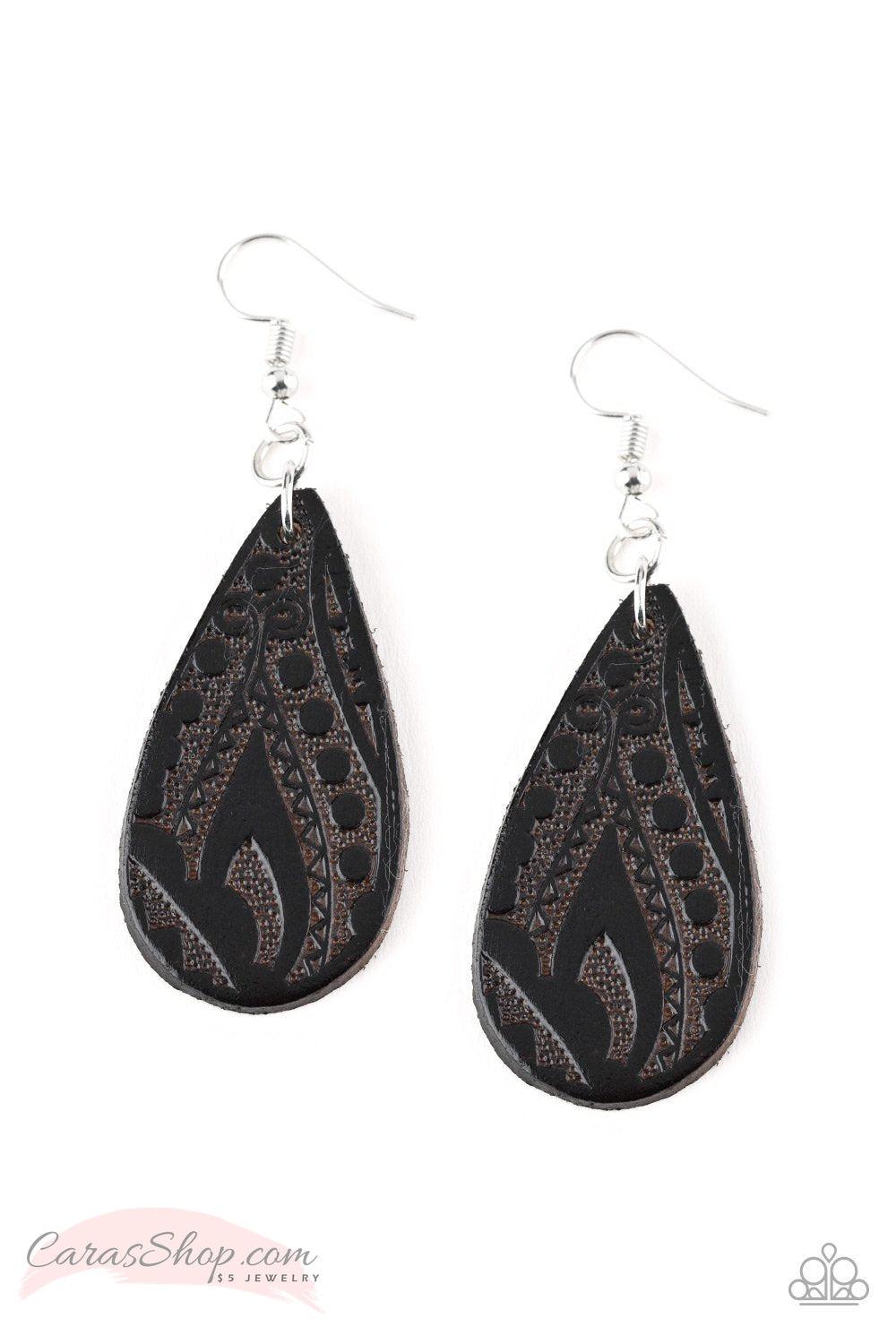 Get In The Groove Black Leather Earrings - Paparazzi Accessories-CarasShop.com - $5 Jewelry by Cara Jewels
