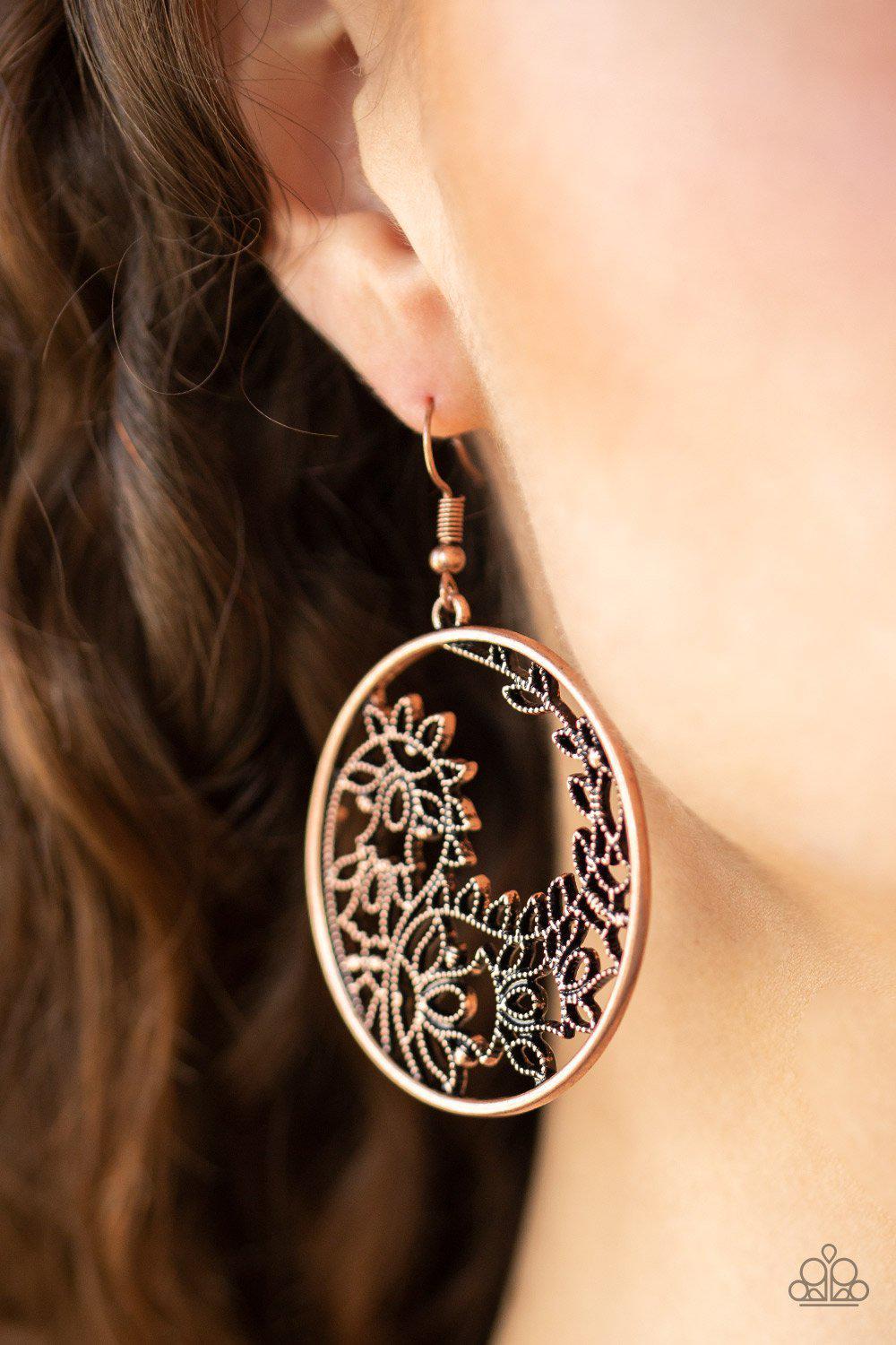 Get Into VINE Copper Filigree Earrings - Paparazzi Accessories - model -CarasShop.com - $5 Jewelry by Cara Jewels