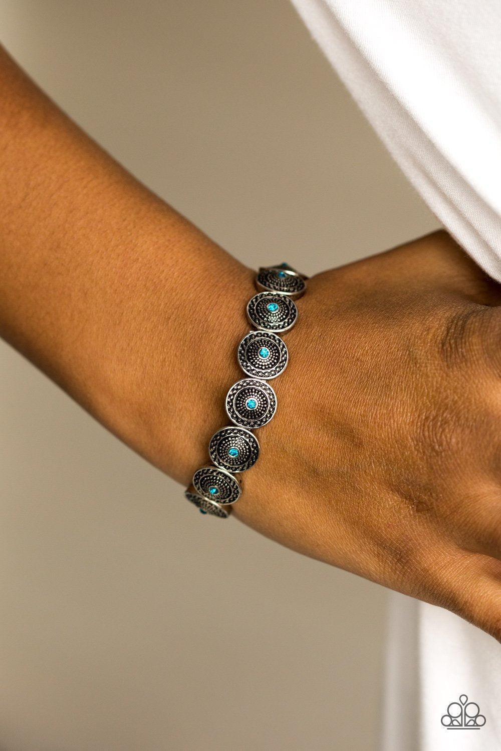Get Your Shine On Silver and Blue Gem Bracelet - Paparazzi Accessories-CarasShop.com - $5 Jewelry by Cara Jewels