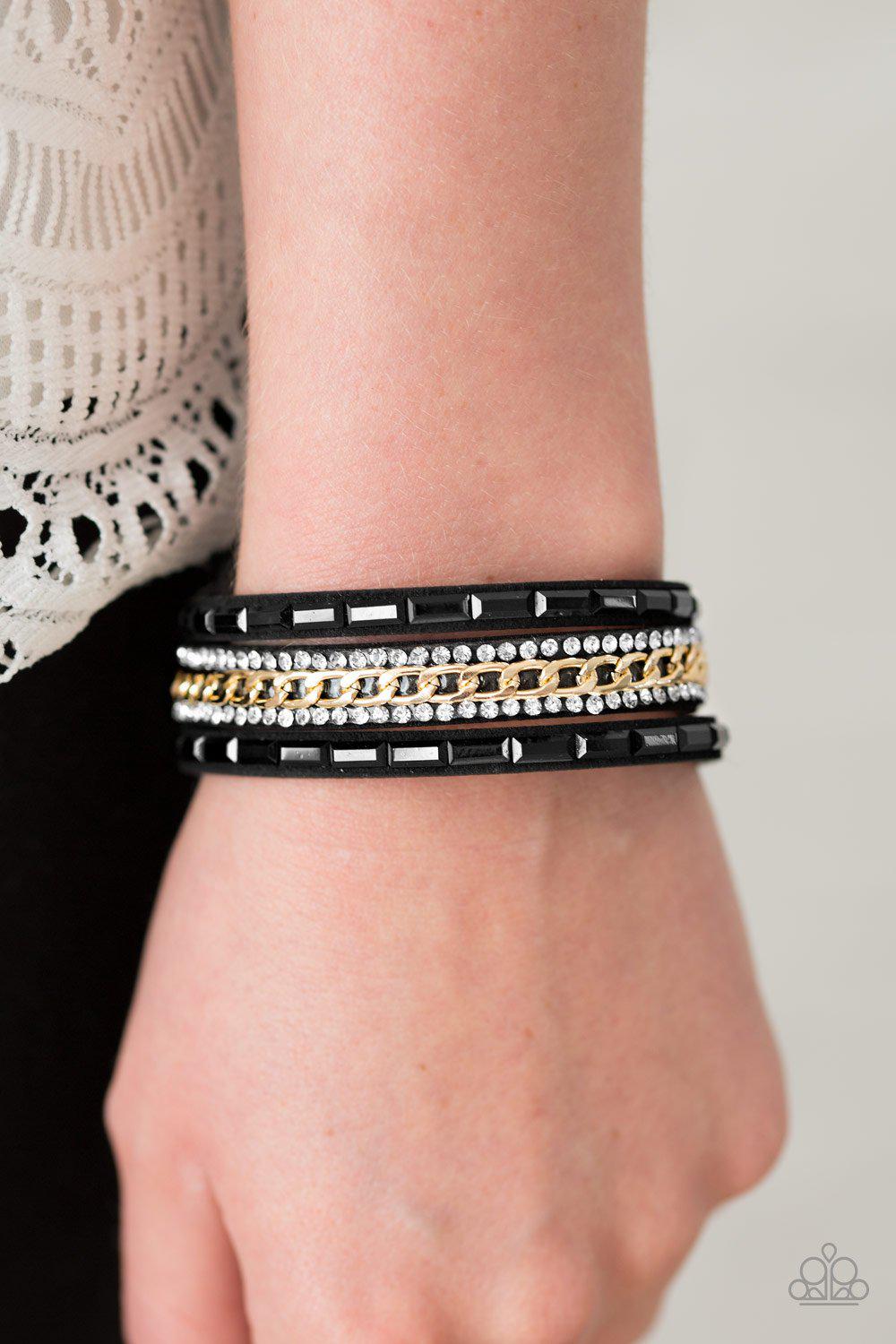 Girl Hustle Black and Gold Urban Wrap Snap Bracelet - Paparazzi Accessories-CarasShop.com - $5 Jewelry by Cara Jewels
