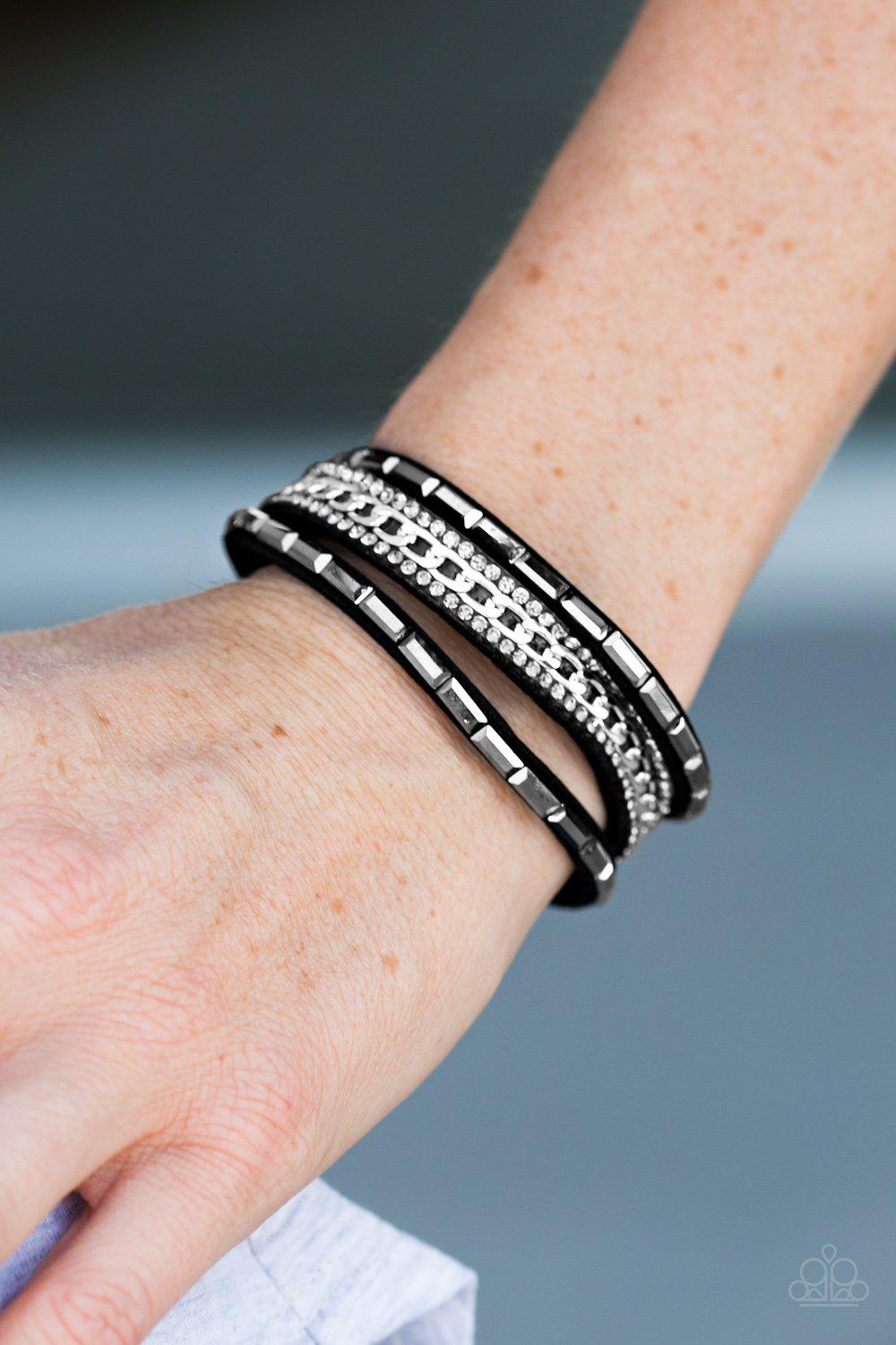 Girl Hustle Black and Silver Urban Wrap Snap Bracelet - Paparazzi Accessories-CarasShop.com - $5 Jewelry by Cara Jewels