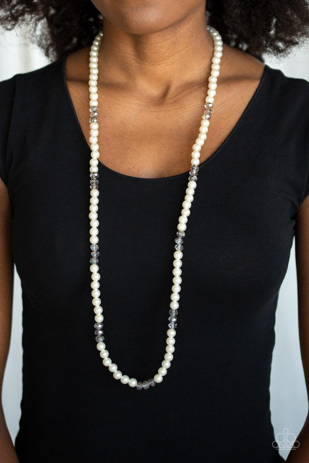 Girls Have More FUNDS White Pearl Necklace - Paparazzi Accessories - model -CarasShop.com - $5 Jewelry by Cara Jewels