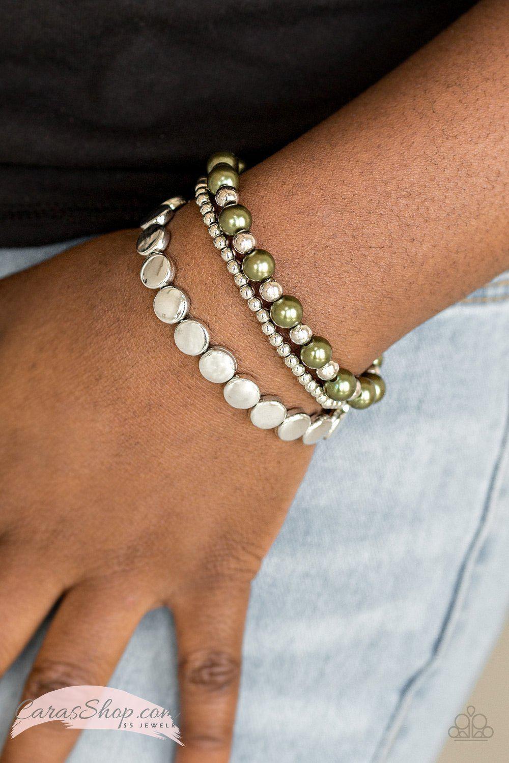 Girly Girl Glamour Green and Silver Stretch Bracelet Set - Paparazzi Accessories-CarasShop.com - $5 Jewelry by Cara Jewels
