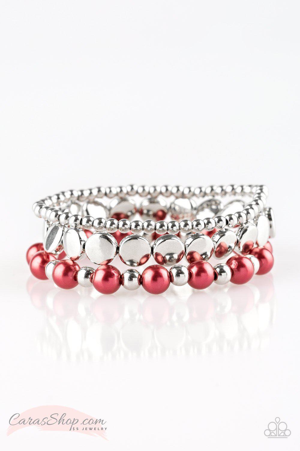 Girly Girl Glamour Red and Silver Stretch Bracelet Set - Paparazzi Accessories-CarasShop.com - $5 Jewelry by Cara Jewels